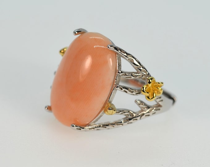 Natural Color Deep Sea Angel Skin Coral Ring for Women, Artisan Flower Ring, Fine Solid Sterling Silver Jewelry, Adjustable Ring