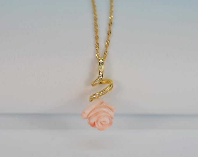 Genuine Angel Skin Coral Pendant Necklace for Women, Rose Flower Pendant, Fine Gold Vermeil Jewelry, 18 Inch Chain Necklace