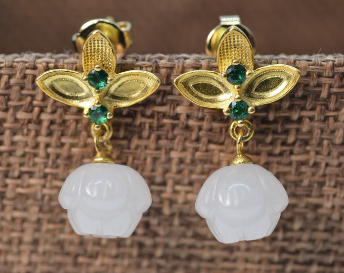 Carved Nephrite Jade Flower Earrings: 925 Sterling Silver, 18K Gold Plated