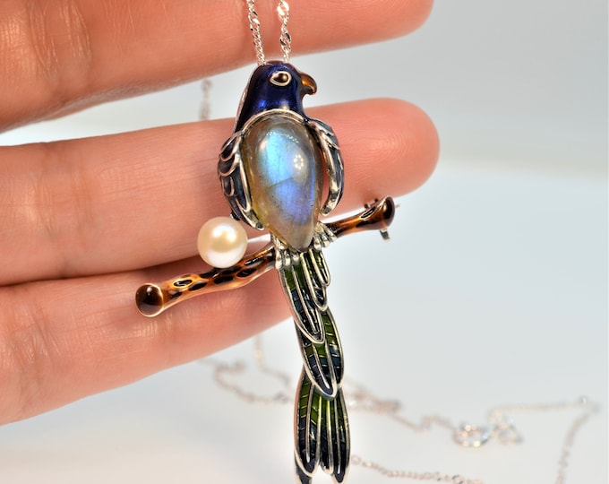 Enamel Bird Pendant Necklace for Women, Natural Blue Labradorite Pendant, 925 Sterling Silver Brooch Pin, Freshwater Pearl Necklace