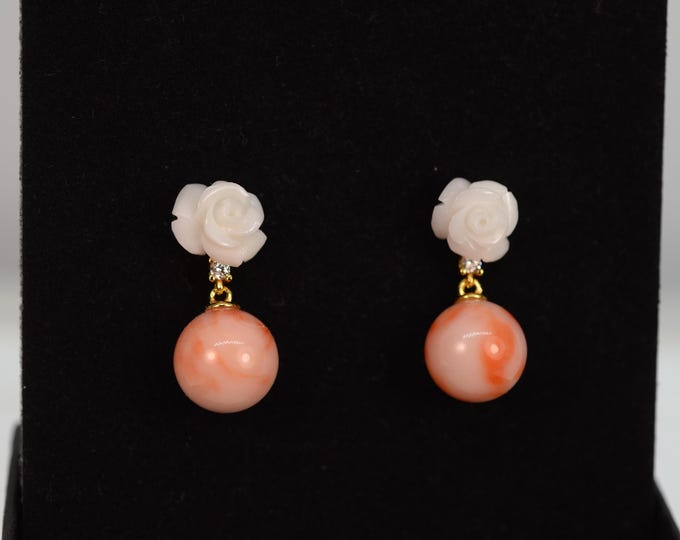 Genuine Japanese Coral Earrings for Women, White Coral Rose Earrings, Fine Gold Vermeil Jewelry, Bridal Earrings
