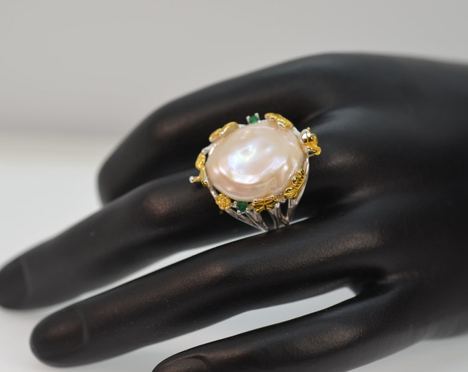 Large Size Baroque Pearl Ring for Women, 925 Sterling Silver Ring, Artisan Frog Ring, Freshwater Pearl Adjustable Ring, Hypoallergenic