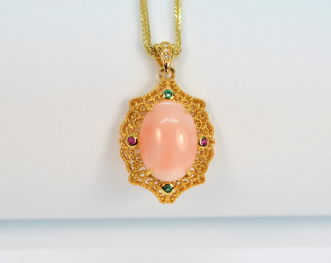 Natural Color Angel Skin Coral Pendant Necklace Women, 18K Gold Vermeil Filigree Jewelry, Hypoallergenic