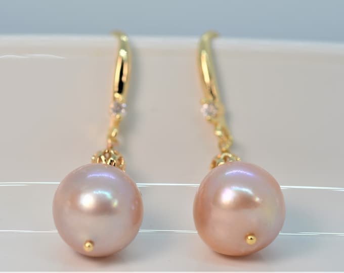 12-13 mm Large Metallic Freshwater Pearl Earrings for Women, Pink Edison Pearl Earrings, 14K Gold Filled Jewelry, Bridal Earrings