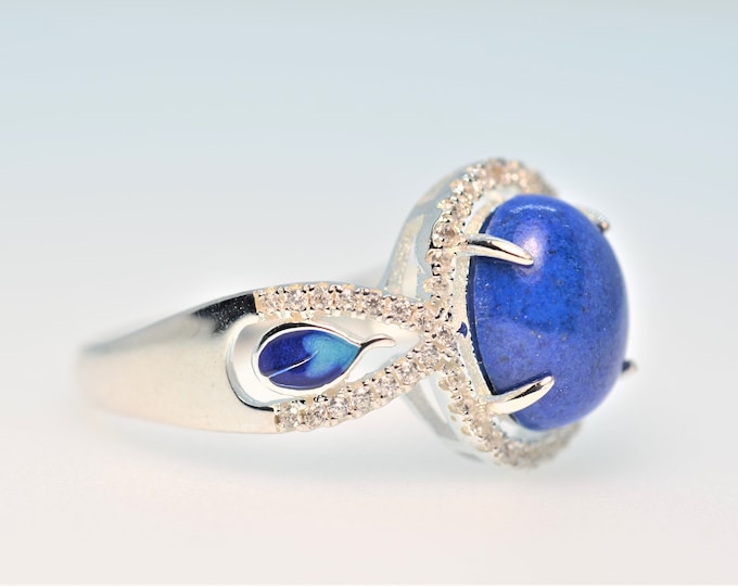 Natural Lapis Lazuli Ring for Women, 925 Sterling Silver Ring, Cloisonne Enamel Jewelry, Adjustable Ring, Hypoallergenic