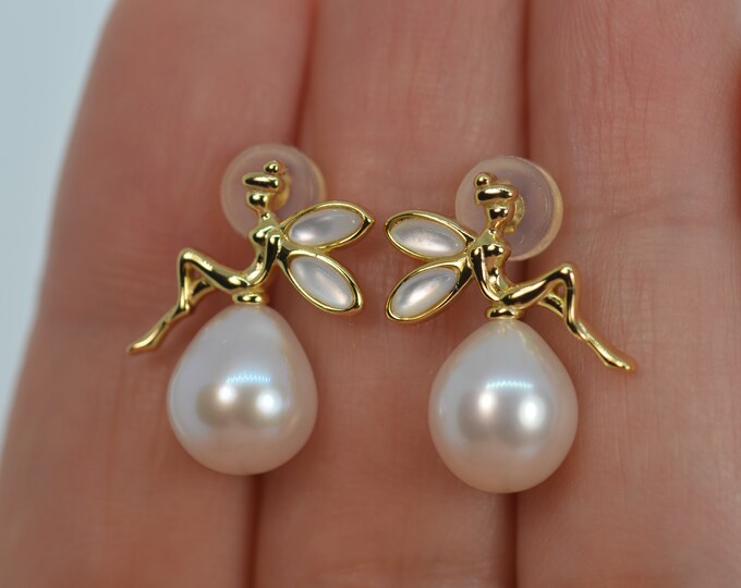 High Luster Natural White Color Freshwater Pearl Earrings for Women, Gold Vermeil Jewelry, Angel Earrings, Hypoallergenic