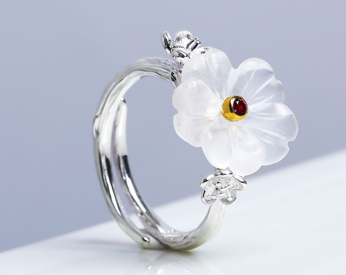 Carved Crystal Flower Ring: Handmade 925 Sterling Silver Adjustable Band