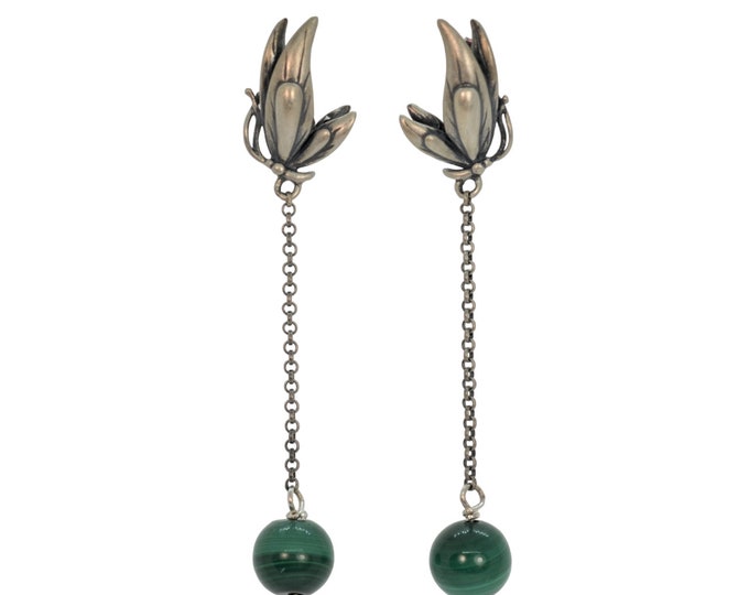 Genuine Natural Color Malachite Earrings for Women, Solid 925 Sterling Silver Jewelry, Flower Earrings, Hypoallergenic