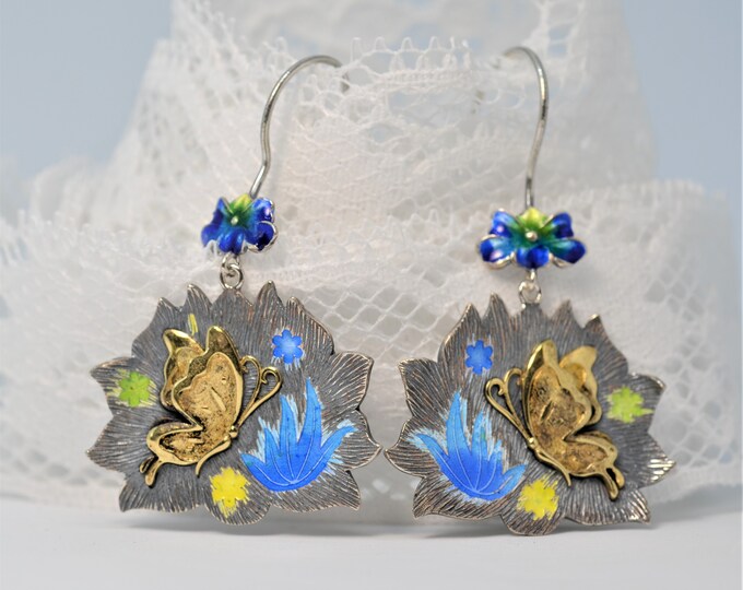 Enamel Butterfly Earrings: Sterling Silver Flower Jewelry