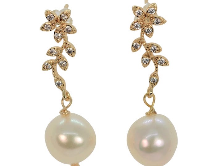 14K Gold Filled Flower Earrings, Freshwater Pearl Dangles
