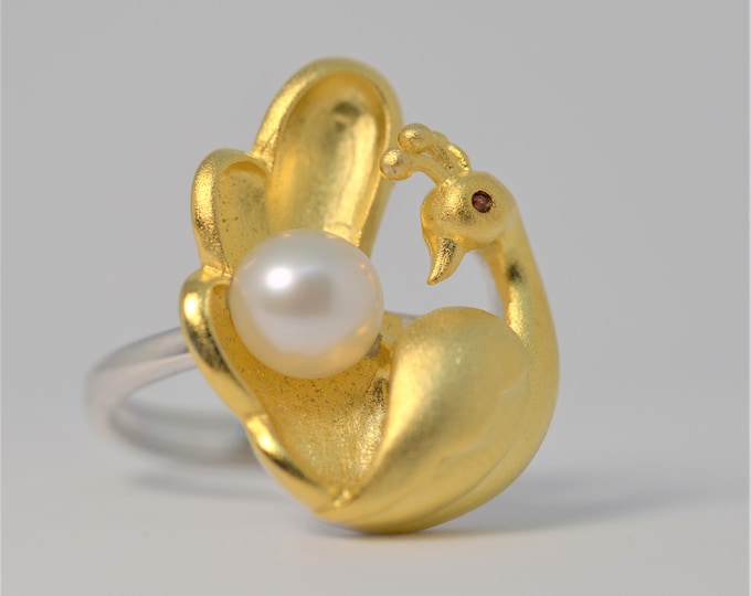 Adjustable Peacock Ring: Freshwater Pearl, Gold Vermeil Jewelry