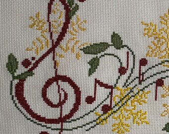 Music Notes and Snowflakes Cross Stitch - Handmade Winter Wall Decor