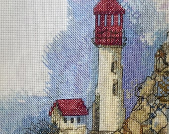 Handmade Lighthouse Cross Stitch – Beach Theme Finished Wall Art