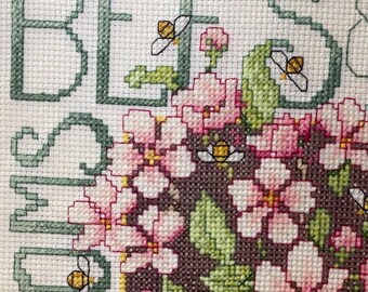 Floral Cross Stitch Wall Art – Handmade Blossoms and Bees