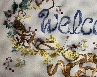 Handmade Welcome Cross Stitch – Floral Wreath, Housewarming Gift
