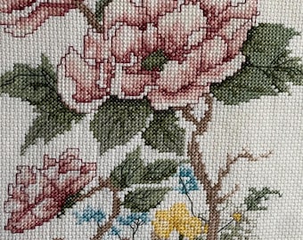 Handmade Peony Branch Cross Stitch – Floral Wall Art