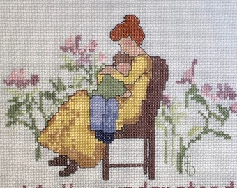 Mother & Child Cross Stitch Completed, New Mom, Nursery Gift