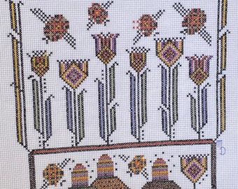 German Bees Cross Stitch: Floral Aida Fabric Art