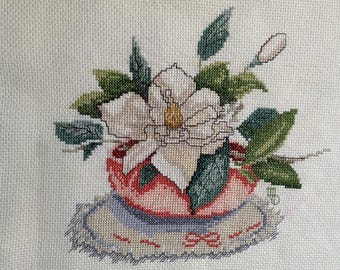 Magnolia in Pink Pot Cross Stitch – Handmade Floral Wall Art