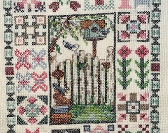 Birdhouse Quilted Sampler Cross Stitch – Finished Handmade Wall Art