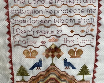 Completed Cross Stitch: "The Lord is my Light" - Frameless Aida Fabric Art