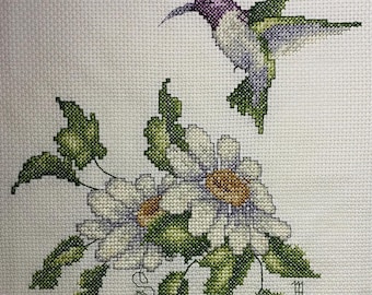 Hummingbird & Flowers Cross Stitch – Handmade Wall Art