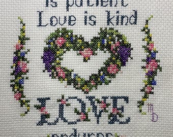 Love is Patient, Kind - Floral Heart - Completed Cross Stitch