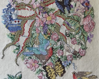 Completed Heart Cross Stitch: Glitter Ribbon, Birds & Butterflies