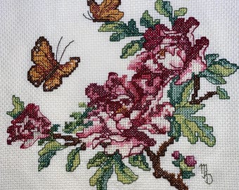 Handmade Floral & Butterfly Cross Stitch – Finished Wall Art