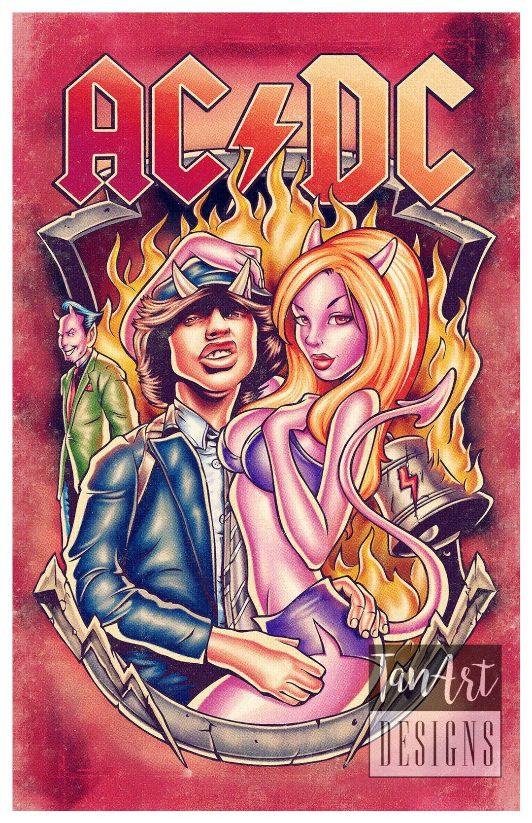 Framed ACDC Angus Young Illustration Poster AC/DC Vintage Poster Retro ...