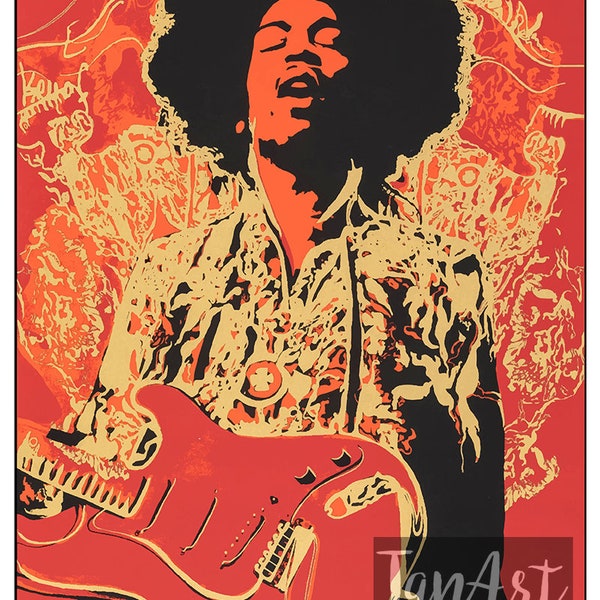 Framed Jimi Hendrix "Red" Illustration Poster | Jimi Hendrix Artistic Poster | Retro Rock Poster | Vintage Wall Art | Retro Wall Art