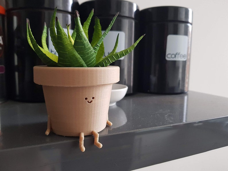 May include: A small brown ceramic planter with a happy face and legs, holding a green succulent plant. The planter is sitting on a gray surface.