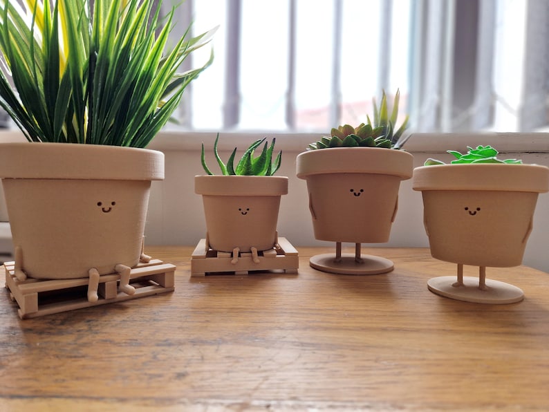 May include: Four small potted plants with smiling faces. The plants are on wooden stands and have different types of greenery.
