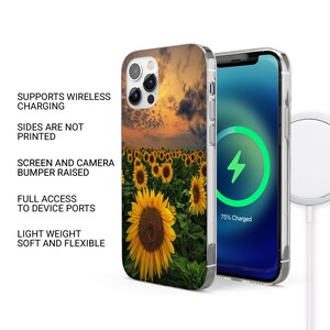 K&ouml;nnte beinhalten: Eine transparente Handyh&uuml;lle mit einem Sonnenblumenfeld-Design. Die H&uuml;lle ist mit kabellosem Laden kompatibel und hat einen erh&ouml;hten Sto&szlig;f&auml;nger zum Schutz von Bildschirm und Kamera. Der Text "75% Charged" ist auf dem Handybildschirm sichtbar.