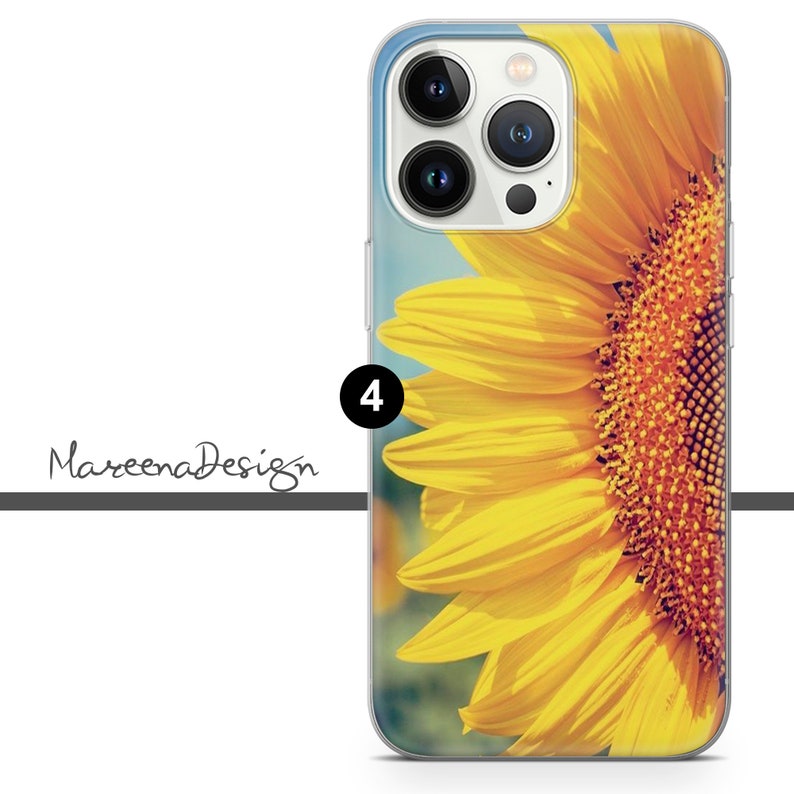 K&ouml;nnte beinhalten: Eine transparente Handyh&uuml;lle mit einem Sonnenblumen-Design. Die Sonnenblume ist gelb mit einer braunen Mitte und ist teilweise auf der rechten Seite der H&uuml;lle sichtbar. Die Handyh&uuml;lle ist f&uuml;r ein iPhone 13 Pro Max.