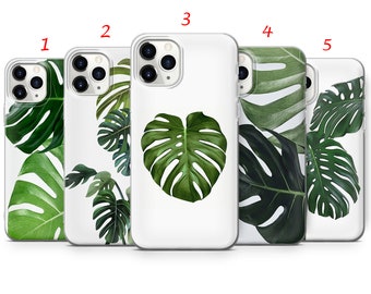May include: Five different phone cases with a white background and a green monstera leaf design. The cases are numbered 1 through 5.
