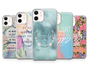 May include: Set of five phone cases with inspirational quotes and watercolor designs. The cases feature quotes from the Bible, including "He who started a good work in you will carry it to completion", "By his wounds we are healed", "Beauty from ashes", "Light yourself in the word", and "Beauty for ashes".