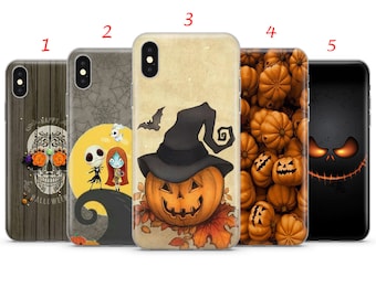 May include: A collection of five Halloween-themed phone cases. Designs include a skull with flowers, a scene with Jack and Sally, a pumpkin with a witch hat, a pattern of pumpkins, and a sinister face with glowing eyes. Each case is a different design.