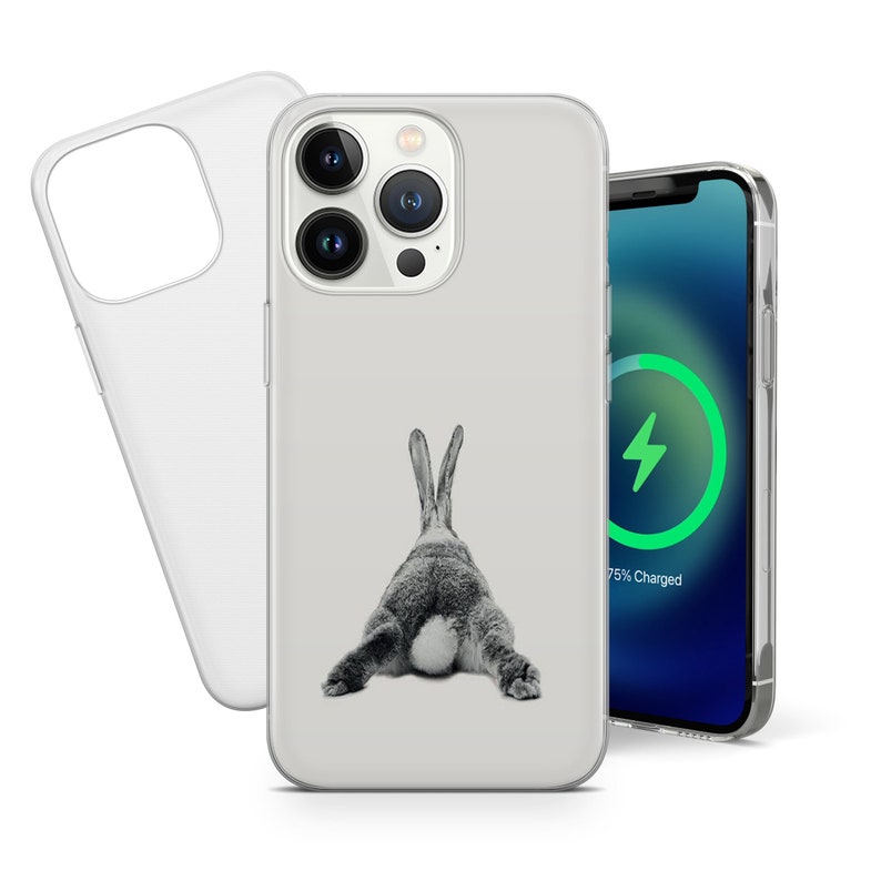 May include: A clear phone case with a black and white image of a rabbit's rear end. The case is designed for an iPhone with a camera bump. The phone case is shown on a white background.