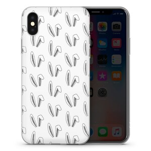 May include: A clear phone case with a white background and a repeating pattern of black bunny ears.
