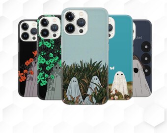 May include: Four different iPhone cases with various designs. The first case features a floral pattern with green leaves and pink flowers. The second case has a green and white floral pattern. The third case has a blue background with a green field and two white ghosts. The fourth case has a blue background with a white ghost and the text "the".