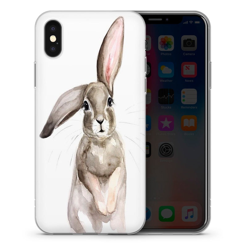 May include: A watercolor illustration of a brown rabbit with long ears on a white background. The rabbit is looking directly at the viewer with a curious expression. The illustration is perfect for a phone case.