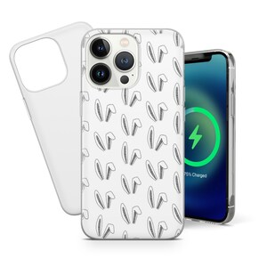 May include: A clear phone case with a white background and a repeating pattern of black bunny ears. The case is shown on a white background with a clear phone case behind it. The phone case is 75% charged.