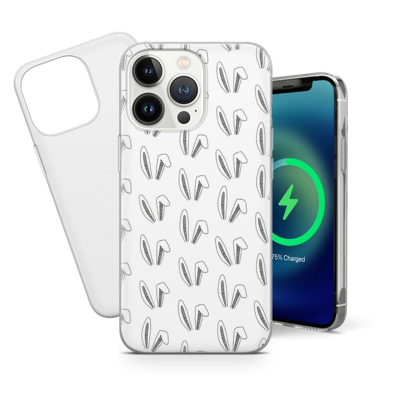 May include: A clear phone case with a white background and a repeating pattern of black bunny ears. The case is shown on a white background with a clear phone case behind it. The phone case is 75% charged.