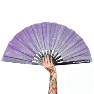 Personalised Folding Fan, Lilac Glitter, big small foldable hand fan for raves, festivals, concerts, weddings, pride, drag, dance, clack UK