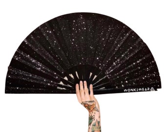 XL Festival Fan Glitter, Black Beauty, big folding hand fan for raves & festivals. Summer beach holiday accessory UK