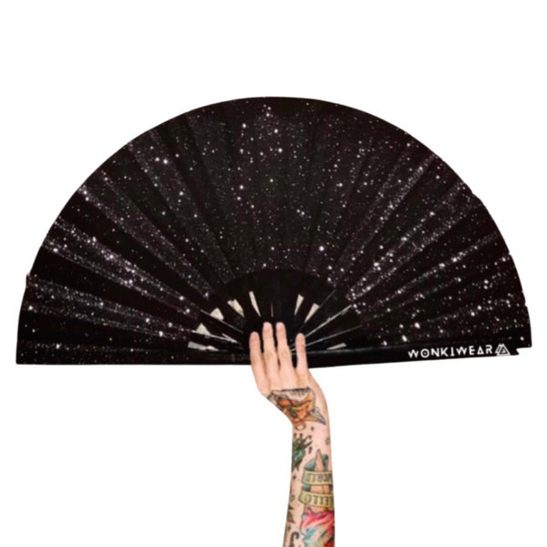 XL Festival Fan Glitter, Black Beauty, big folding hand fan for raves & festivals. Summer beach holiday accessory UK