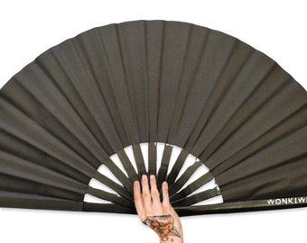 XL Festival Fan Shimmery Metallic Black PVC, Matte, big folding hand held fan for raves & festivals. Summer, beach, holiday, concerts, pride