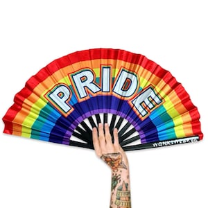 Personalised Folding Fan, Rainbow Pride LGBTQ+, foldable hand fan raves, festivals, concerts, weddings, gay pride, drag, clack, carnival UK