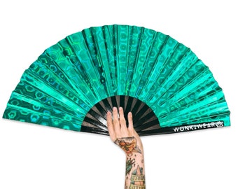 XL Festival Fan Holographic, Green, big folding hand held fan for raves & festivals. Summer beach holiday accessory, pride and carnivals UK